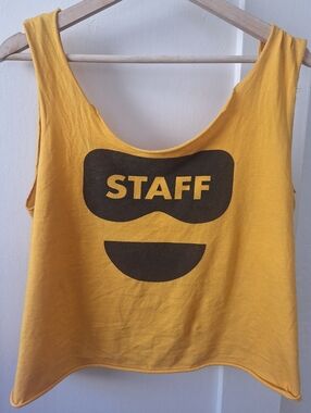 Vintage Yellow STAFF Graphic Tank Top Y2K Minimalist Crop Festival Workwear